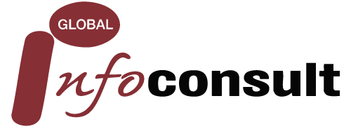 Logotipo con las palabras "GLOBAL Info consult". "Global" está dentro de un óvalo granate, "Info" está en cursiva granate y "consult" está en letras negras en negrita sobre un fondo gris claro.