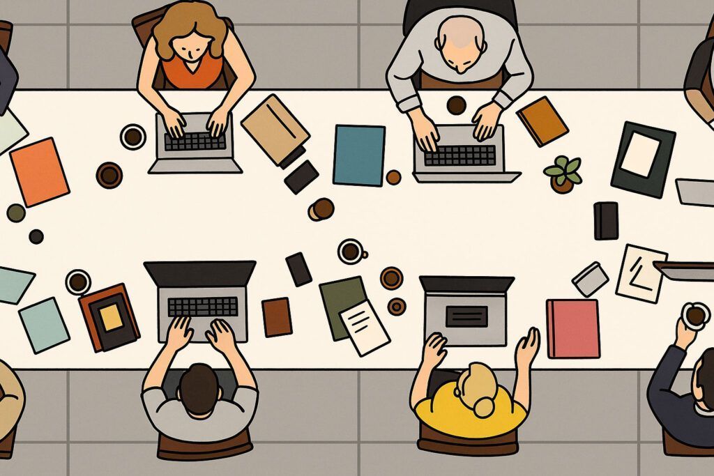 Ilustración de cuatro personas trabajando en una gran mesa, cada una de ellas con un ordenador portátil. Sobre la mesa hay papeles, cuadernos, tazas de café y una pequeña planta. La escena se ve desde arriba.