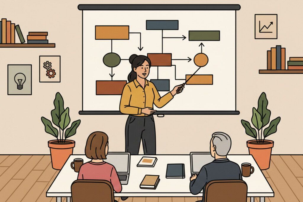 Una mujer está de pie delante de un diagrama de flujo, señalándolo con un palo, mientras dos personas se sientan a una mesa con ordenadores portátiles y cuadernos. Estanterías, plantas y obras de arte decoran la oficina.