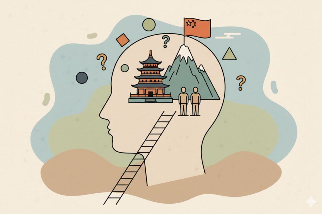 Ilustración de la silueta de una cabeza humana con una escalera que conduce al interior, mostrando una pagoda, dos personas, una montaña con una bandera china y signos de interrogación, que simbolizan la curiosidad por la cultura y la geografía chinas.