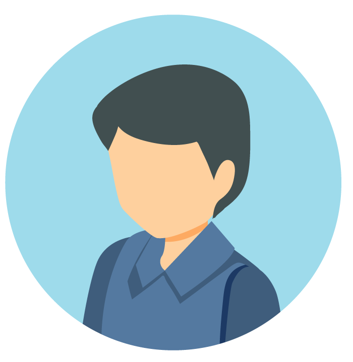 Ilustración de una persona sin rostro, de pelo corto y oscuro, con camisa de cuello azul y chaqueta azul oscuro, sobre un fondo circular azul claro.