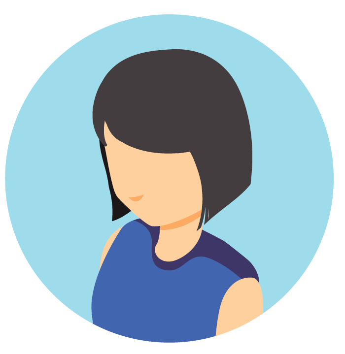 Ilustración de una persona con el pelo liso, oscuro en un corte de pelo bob, vestido con una blusa azul sin mangas, que se muestra sobre un fondo circular de color azul claro. El rostro carece de rasgos detallados.